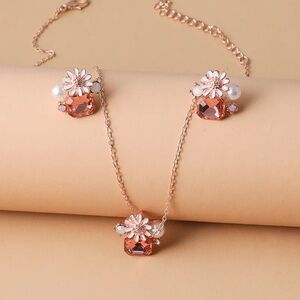 *VIENNE* 3-Pc Rose Gold x Rhinestone Flower Fashion Jewelry Set